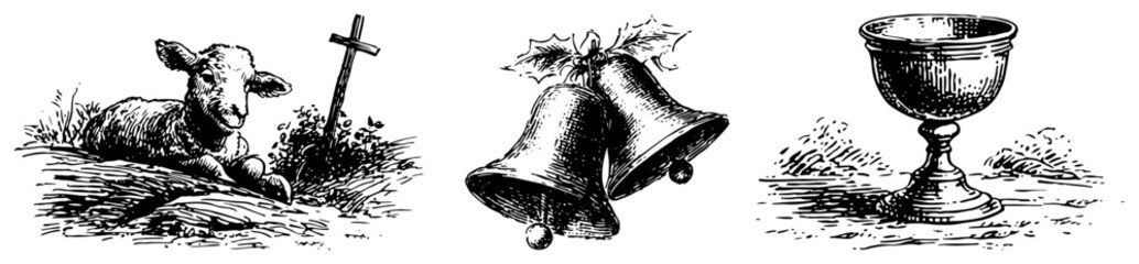 Religious Easter symbols featuring the lamb of god church bells and a holy communion chalice in engraving style © Amelia