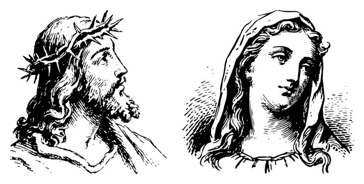 Portraits of Jesus Christ with crown of thorns and the Virgin Mary in engraving style