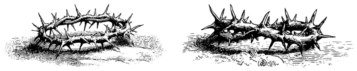 Fototapeta premium Detailed vintage engraving of two different designs of the crown of thorns