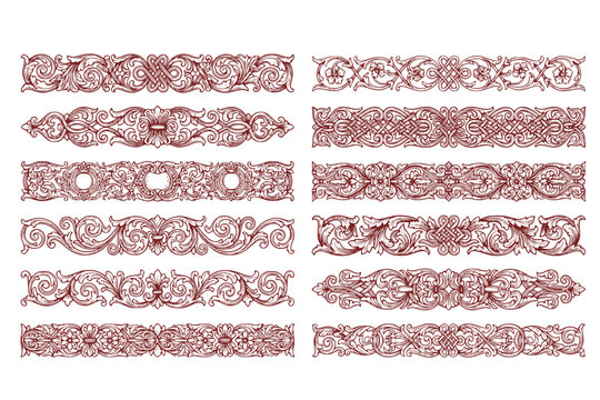 Vintage Engraved Baroque Frieze Divider Set - Black Vector Horizontal Floral and Knot Borders Isolated on White
