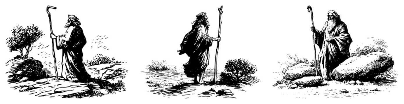 Set of vintage hand drawn illustrations featuring a shepherd or biblical prophet with a staff in a rocky landscape