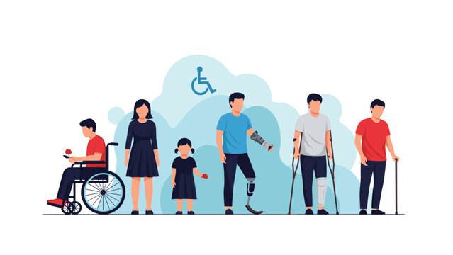 Diverse group of individuals with various physical disabilities including wheelchair users and people with prosthetics.