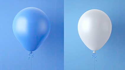 Two balloons, one blue and one white, suspended against a two-tone blue backdrop
