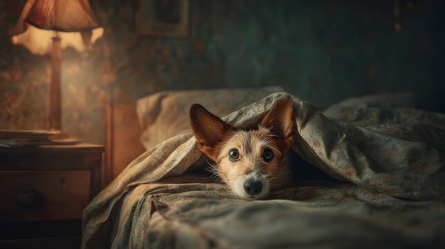 A cozy canine nestled in bed under a blanket with a warm bedside lamp illuminating the scene. The dog has its head peeking out and looking cute. The warm lighting creates a feeling of calm and rest