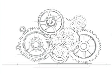 Detailed outline of interconnected gears illustrating machinery & engineering concepts
