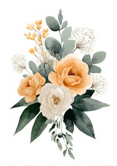 Watercolor bouquet peach & white roses, greenery, and delicate sprigs on white background