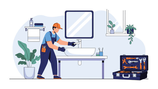 Plumber in blue overalls and an orange cap fixing a leaky faucet in a bathroom with his toolbox open on the floor.