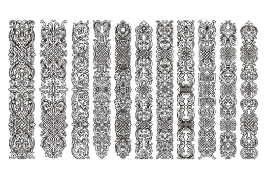 Vintage Engraved Baroque Vertical Border Set - Black Vector Floral Strapwork and Knot Side Panels Isolated on White