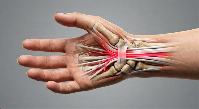 Medical illustration showing carpal tunnel syndrome and median nerve compression in the human wrist.