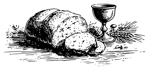 Biblical style engraving showing sliced communion bread chalice and wheat stalks © Amelia