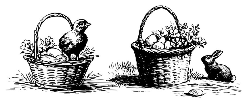 Vintage woodcut illustrations of Easter baskets with baby chick eggs and a rabbit