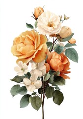 Watercolor bouquet of vibrant orange, yellow roses with green leaves, and delicate white blooms