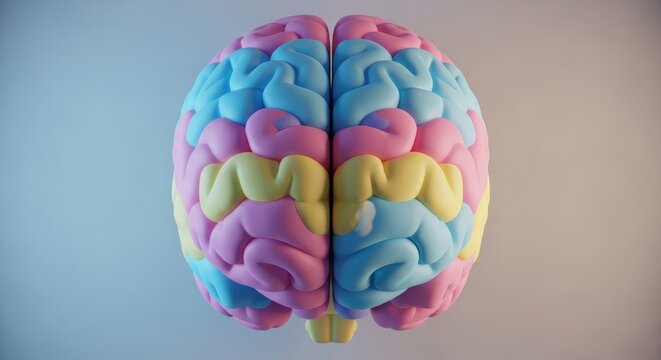 A detailed 3D model of a colorful human brain viewed from the front against a soft gradient background