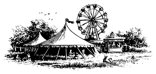Classic woodcut illustration of a vintage carnival with a circus tent and a ferris wheel © Amelia