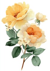 Watercolor illustration of yellow roses with green leaves on a white background