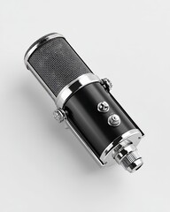 A sleek, modern microphone with a black body, silver accents, and mesh grille