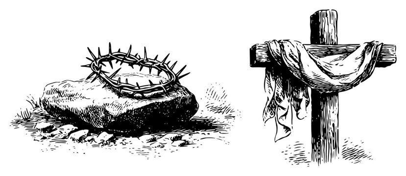 Set of religious vintage illustrations showing a crown of thorns and a cross