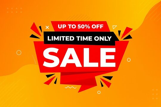 A vibrant sale advertisement with a red banner and up to 50 percent off.