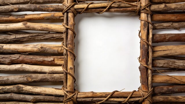 features a rustic, handcrafted picture frame made from intertwined twigs and branches. The frame is rectangular in shape, with a vertical orientation. The twigs are of varying thicknesses and are boun