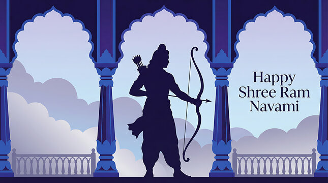Silhouette of rama in indian temple arches for ram navami and rama puja on dussehra festival celebration with blue sky and clouds in background scenery