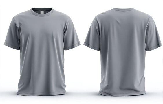 Front and back view of a grey crew neck short-sleeved t-shirt on a white background