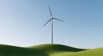 Obraz premium A wind turbine stands tall on a green hill under a clear blue sky, generating renewable energy.
