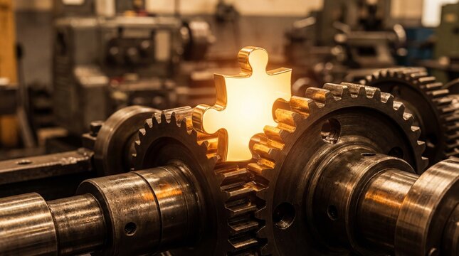 A radiant jigsaw puzzle piece nestles perfectly amidst a symphony of gears, machinery, and industrial components, signifying integration and problem-solving.