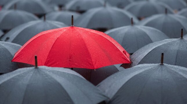 A vivid red umbrella stands out amongst a sea of muted gray ones, evoking the themes of individuality, contrast, and standing out. 