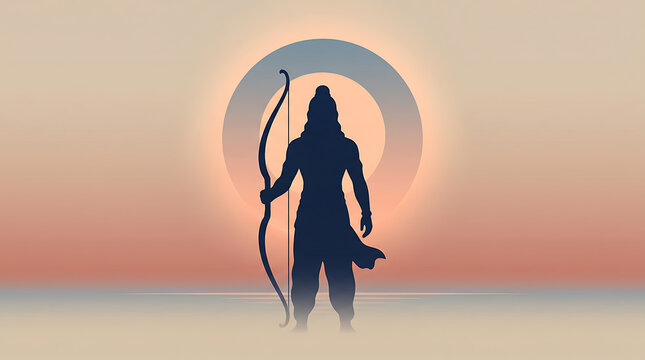 Spiritual silhouette of lord rama with bow for ram navami and rama puja during dussehra festival against a serene sunset sky for peace and devotion