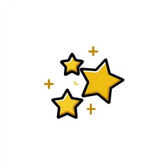 Obraz premium Bright yellow star icons with black outlines and golden sparkle symbols on white background