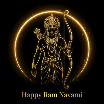 Golden neon line art of rama for ram navami and rama puja during dussehra festival with a glowing circle on black background for modern spiritual