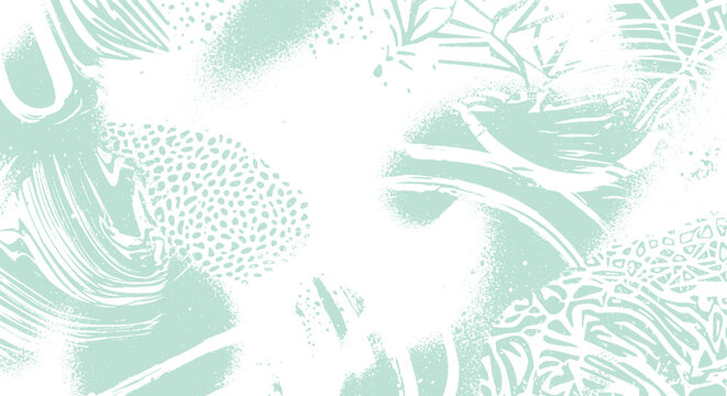 Mint green and white abstract collage with organic shapes, brush strokes, and dotted patterns, creating a fresh and artistic texture.