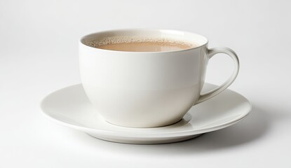 Fototapeta premium Creamy tea in a white cup and saucer. Close-up on a bright, minimalist backdrop