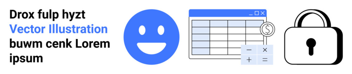 Fototapeta premium Finance, data security, digital management, online tools, personal identity, encryption technology. happy face, spreadsheet and lock icon. Finance and data security explored