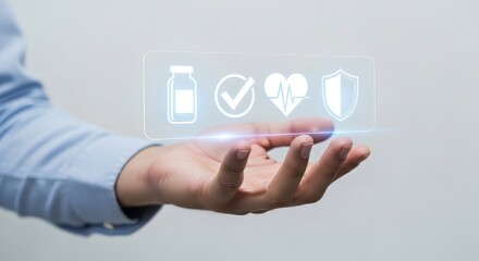 Fototapeta premium Person presenting health and protection icons on palm