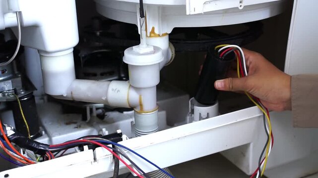 Hand holding new motor capacitor component of two tub washing machine, DIY repair concept