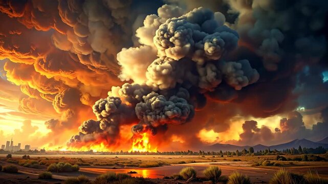 Apocalyptic Landscape: Fiery Explosion Engulfs Distant City Skyline Under Ominous Clouds