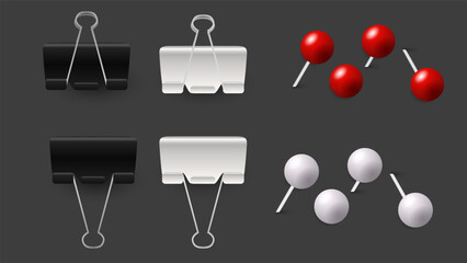 Collection of paper notes, sticky pads, torn papers, and stationery elements on dark background, Vector illustration EPS 10