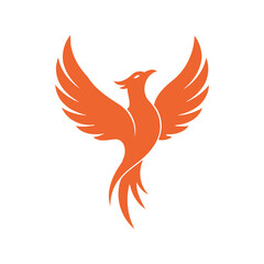 Fototapeta premium Orange mythical bird with wings spread wide in mid flight phoenix symbol icon