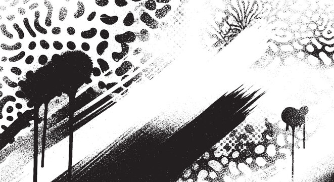 Expressive black and white abstract background with organic shapes, paint splatters, and rough brush marks for a dynamic, textured, and artistic feel.