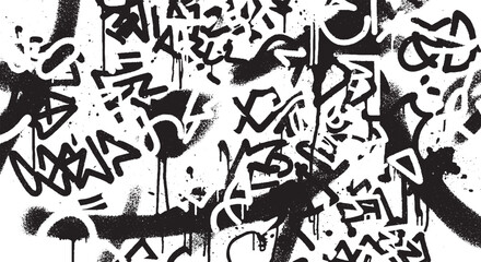 Energetic black and white graffiti tag background with drips and spray paint, raw urban street art. © HexaFrame