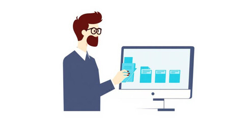 A business woman works on a laptop in a modern office, representing a technology concept through a vector illustration of people using a network and internet screen for global communication