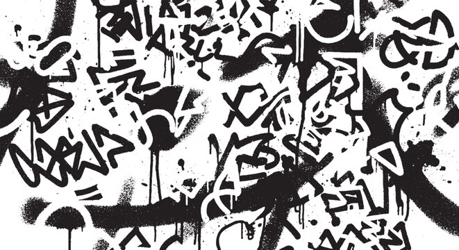 Energetic black and white graffiti tag background with drips and spray paint, raw urban street art.
