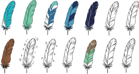Colorful feather collection in hand drawn style, decorative boho vector illustration set isolated on white background for tribal and craft design © Ideasy Mind