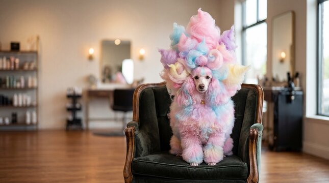 Poodle with Cotton Candy Fur in Luxury Hair Salon Grooming Concept