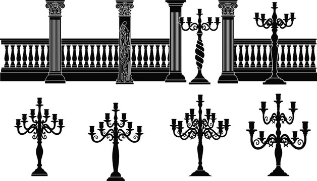 Classic architectural columns and ornate candelabras vector set, vintage black silhouette illustration isolated on white background, decorative antique design collection