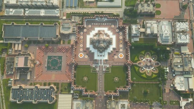 Aerial View Drone Footage of Akshardham Temple in New Delhi one of the largest Hindu temple in India