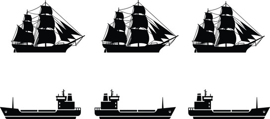 Black silhouette icons of vintage sailing ships with masts and modern industrial cargo vessels isolated on white background for nautical logistics and maritime transport © MDASIKUL