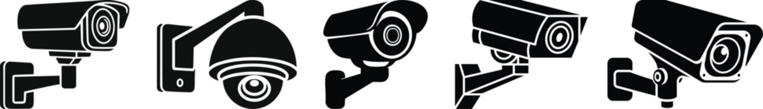 Various security cameras in black and white a modern surveillance silhouette.Various Black and White Security Camera Icons on Display.Assortment of black and white silhouette icons of various security