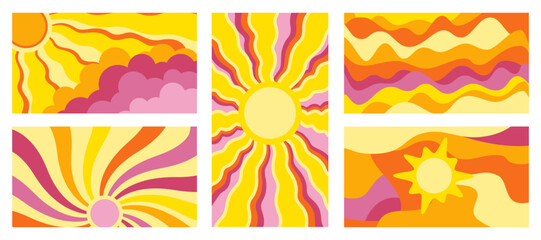 Fototapeta premium Groovy retro sun illustrations with wavy rays, abstract warm gradients and vintage psychedelic shapes for boho posters, decorative wallpapers and creative vector design